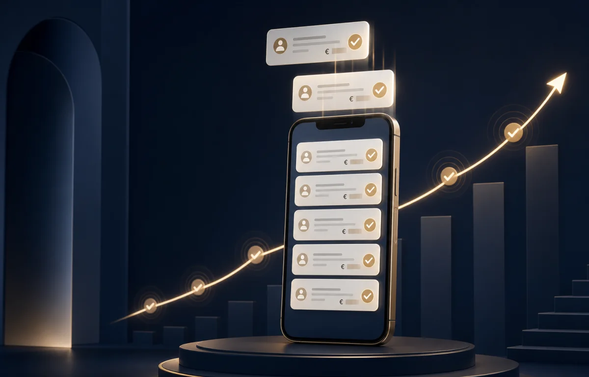 Ein Smartphone zeigt mehrere neue Zahlungs- und Kundensignale nach dem Launch
