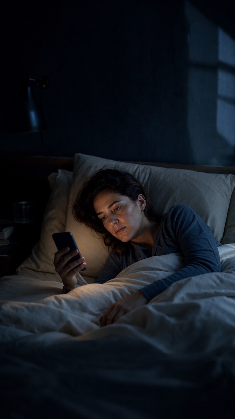 Eine Frau liegt nachts wach im Bett und greift zu ihrem Smartphone